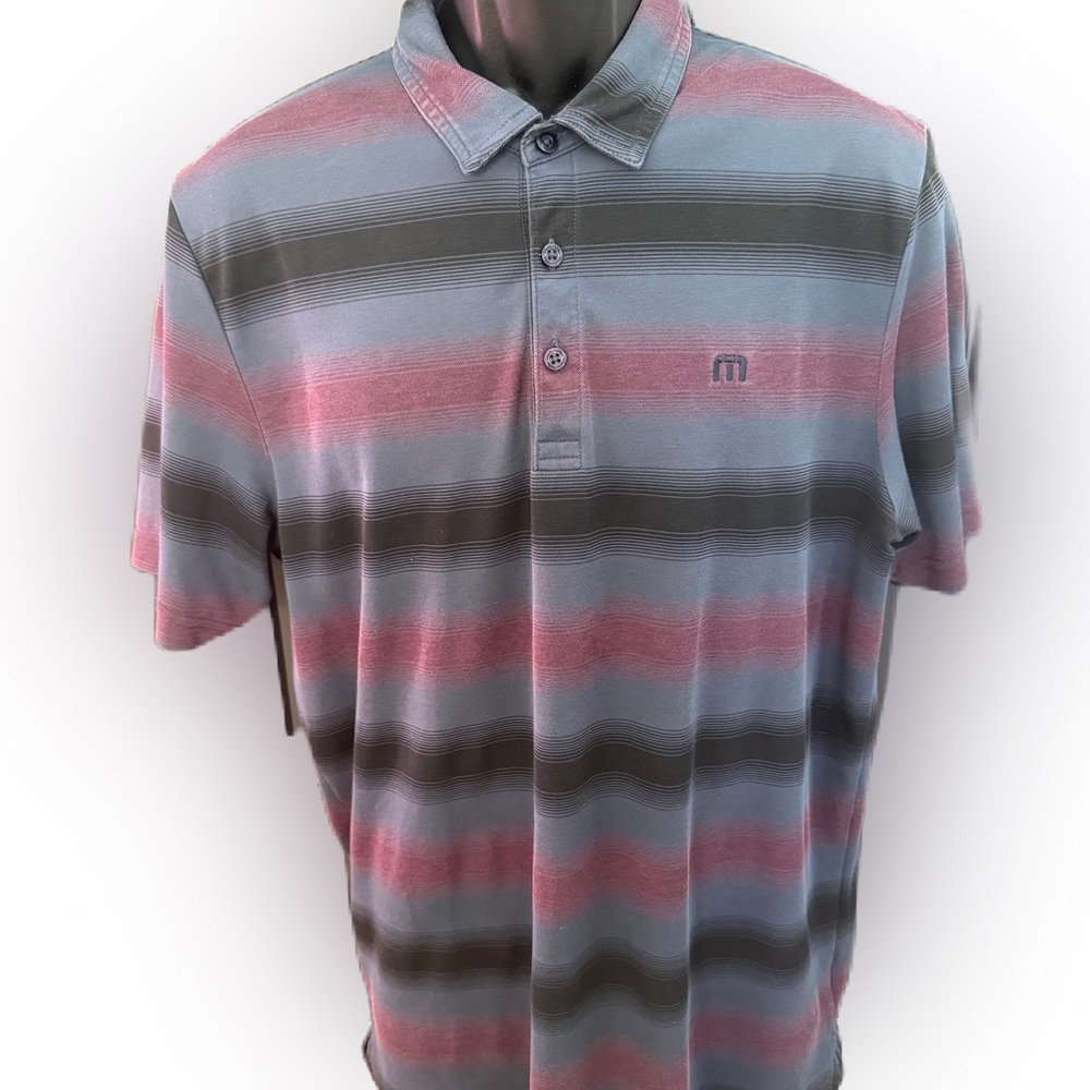 Travis Mathew Men’s Golf Polo Shirt Stripes Black, Purple, Charcoal Gray. large